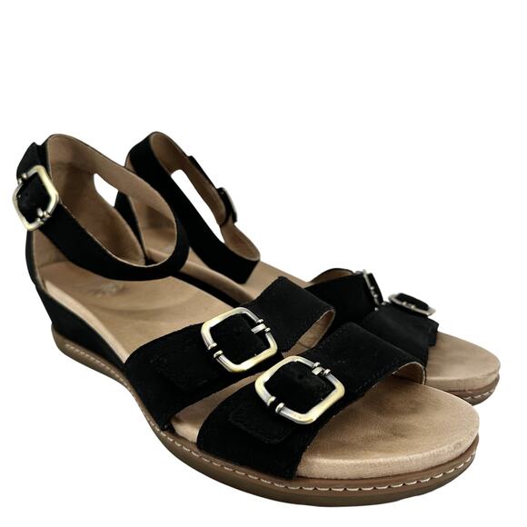Dansko Astrid Wedge Sandals Nubuck Leather Scotchgard Ankle Strap Buckle Black 8 - Picture 2 of 7